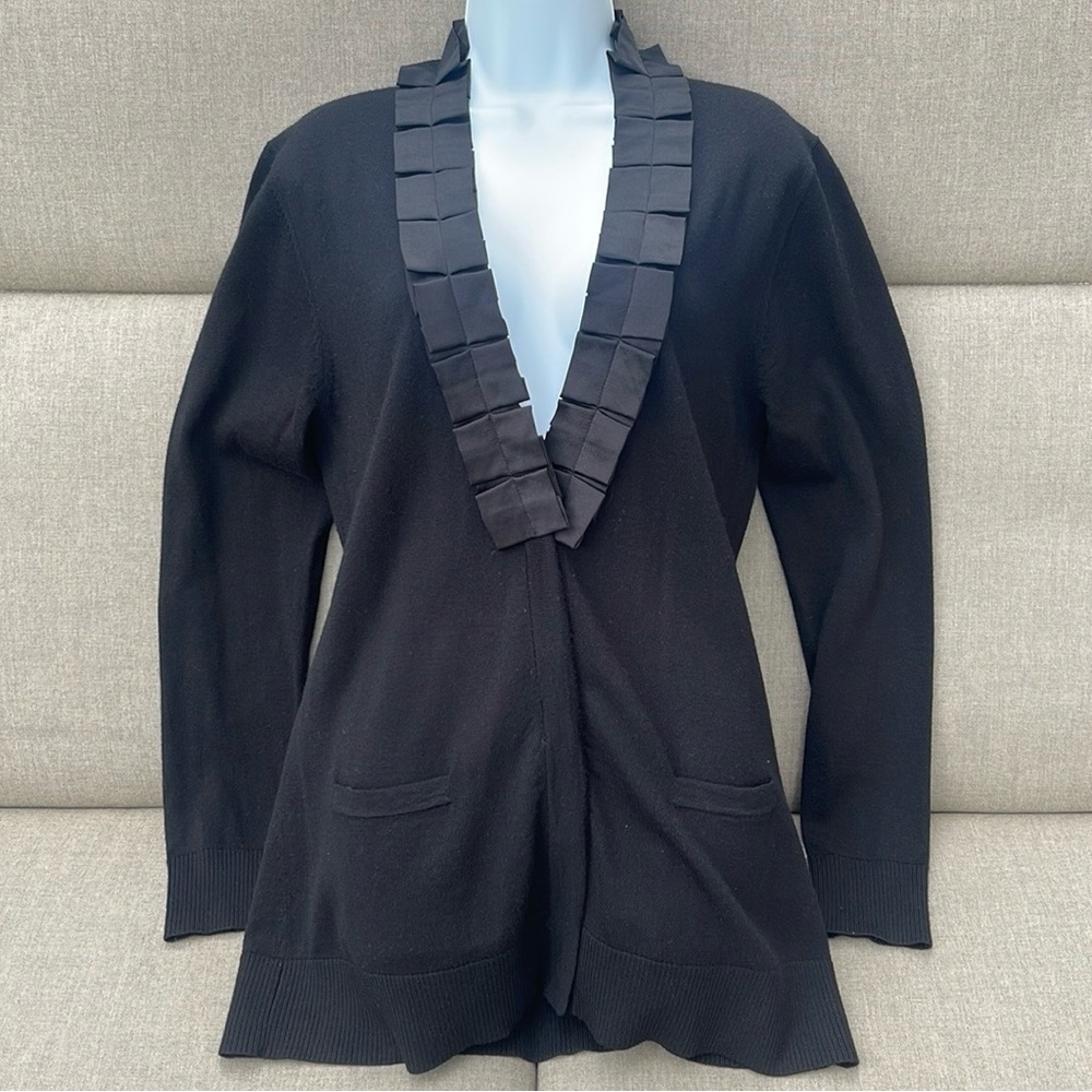 TORY BURCH “Simone” Lightweight Merino Wool Cardigan with Silk/Satin Detail